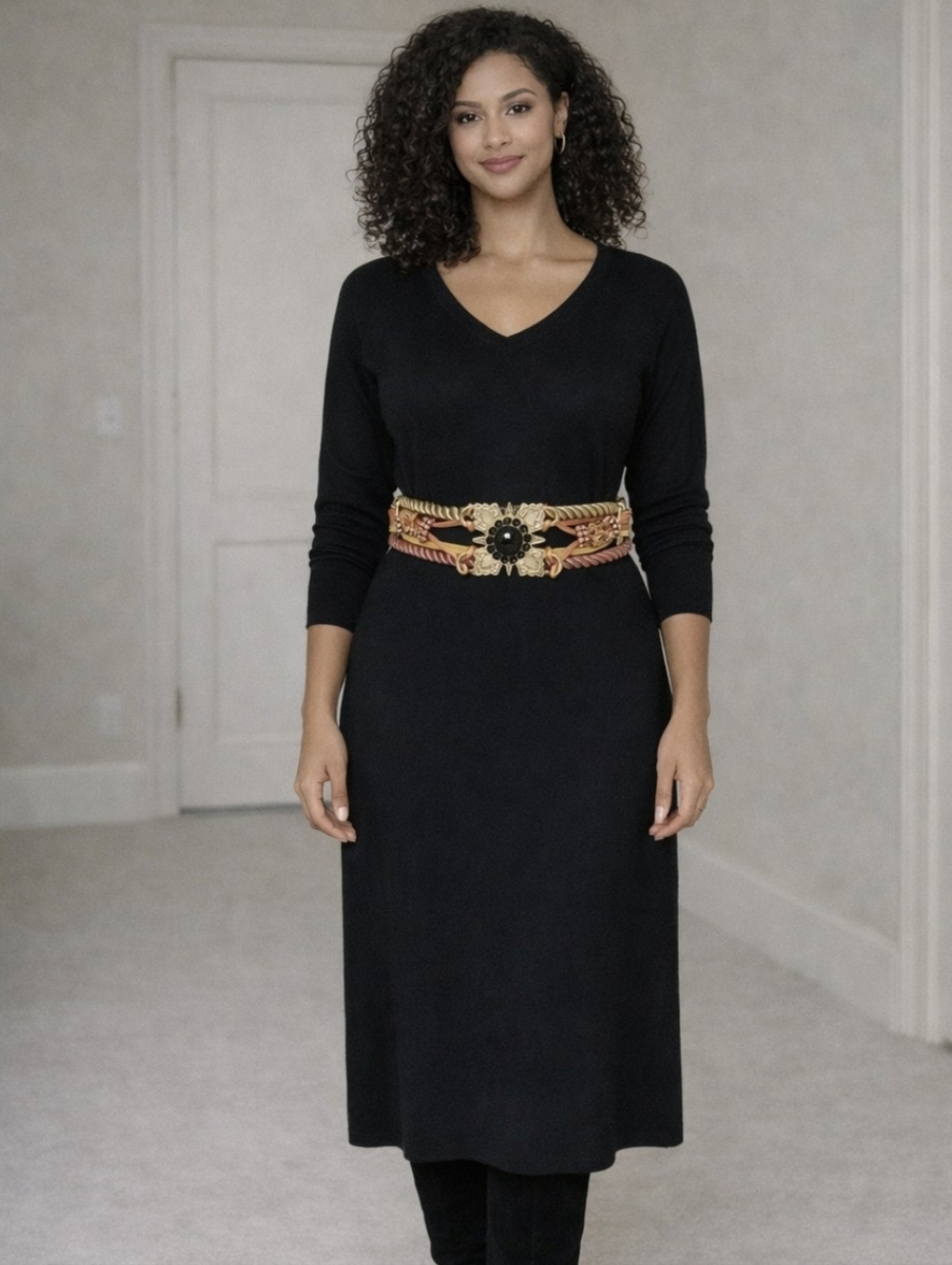 Belt-Ornate Gold, Neutral Rope, Black Medalian Statement - Picture 1 of 6